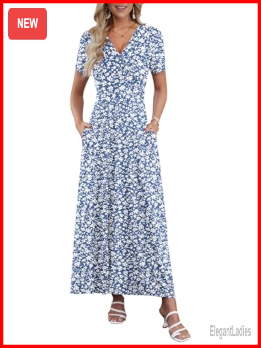 Women Floral Maxi Dress Short Sleeve V-Neck Wrap Beach Casual Long Flowy